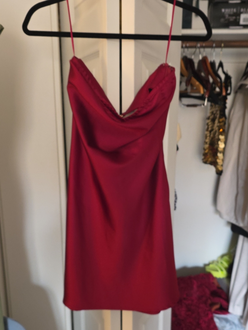 Blue Blush Crimson Satin Cowl Neck Mini Dress Sz M